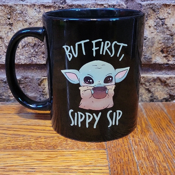 Star Wars Black Mug with Baby Yoda But First Sippy - Picture 1 of 7